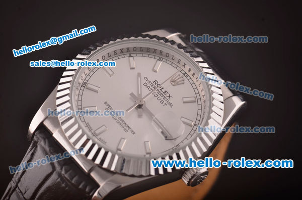 Rolex Datejust Asia 2813 Automatic Steel Case with Silver Dial and Black Leather Strap - Click Image to Close